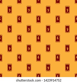 Red Smartphone charging battery icon isolated seamless pattern on brown background. Phone with a low battery charge. Vector Illustration
