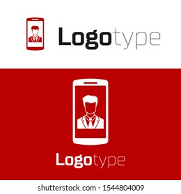 Red Smartphone with contact on screen icon isolated on white background. Incoming call. Human on phone screen. Call contact. Logo design template element. Vector Illustration