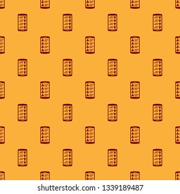Red Smartphone with contacts on screen icon isolated seamless pattern on brown background. Incoming call. People on phone screen. Call contact. Flat design. Vector Illustration