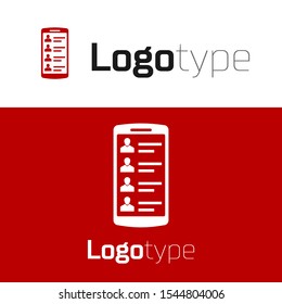 Red Smartphone with contacts on screen icon isolated on white background. Incoming call. People on phone screen. Call contact. Logo design template element. Vector Illustration