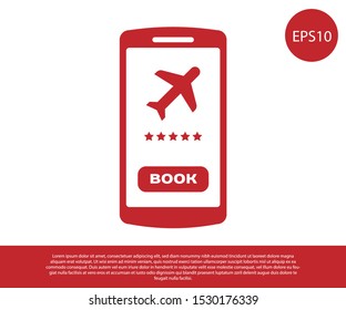 Red Smartphone with electronic boarding pass airline ticket icon isolated on white background. Passenger plane mobile ticket for web and app.  Vector Illustration