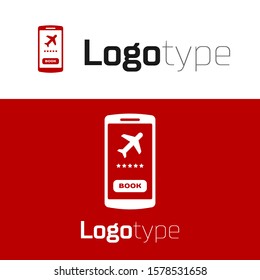 Red Smartphone with electronic boarding pass airline ticket icon isolated on white background. Passenger plane mobile ticket for web and app. Logo design template element. Vector Illustration