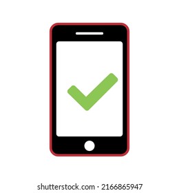 A red smartphone with a green check mark on the screen.