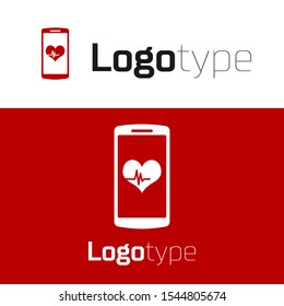 Red Smartphone with heart rate monitor function icon isolated on white background. Logo design template element. Vector Illustration