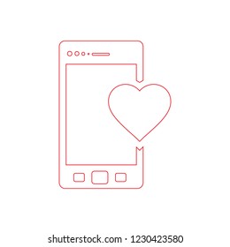 Red smartphone in linear style with heart.
