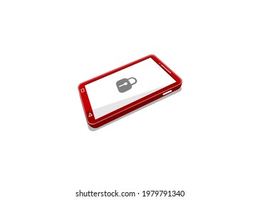 red smartphone with a lock symbol on the touch screen, flat illustration, icon