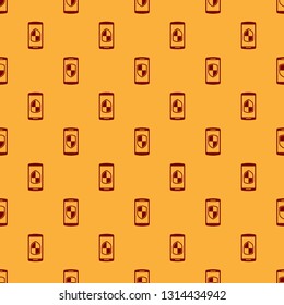 Red Smartphone, mobile phone with security shield icon isolated seamless pattern on brown background. Flat design. Vector Illustration
