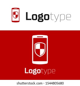 Red Smartphone, mobile phone with security shield icon isolated on white background. Logo design template element. Vector Illustration