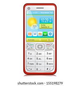 Red smartphone with silver white front panel, physical keyboard and color content on display. Vector illustration Isolated on white background. 