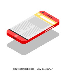 smartphone vermelho com uma exibição de site na tela. ilustração vetorial. site, blogger, artigos, publicidade, marketing. motores de pesquisa, leitura e livro, web design, interface do usuário