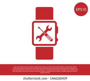 Red Smartwatch with screwdriver and wrench icon isolated on white background. Adjusting, service, setting, maintenance, repair, fixing.  Vector Illustration