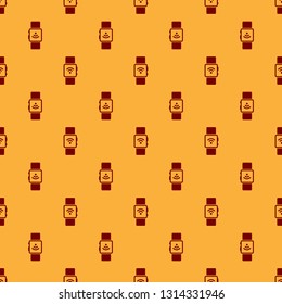 Red Smartwatch with wireless symbol icon isolated seamless pattern on brown background. Vector Illustration