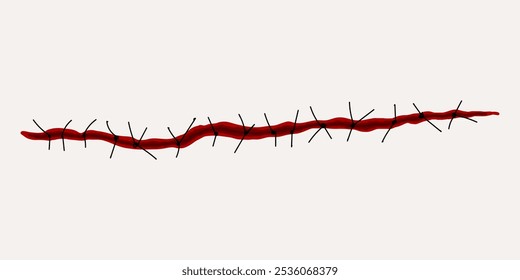 Esfregaço vermelho com respingos no fundo branco, listras de sangue, elemento realista para Halloween. Ferida Sutured, cicatriz, rupturas no tecido do corpo, pontos.