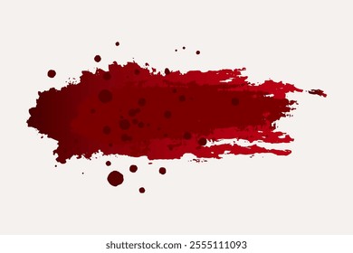 Red smear with splashes on white background, blood stains and streaks, imprint. Realistic stain, Halloween, crime and horror design elements.