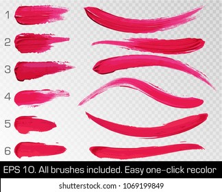 Red smears lipstick set texture brush strokes isolated on white transparent background. Make up. Vector illustration. Beauty and cosmetics colorful collection, hand drawn design element