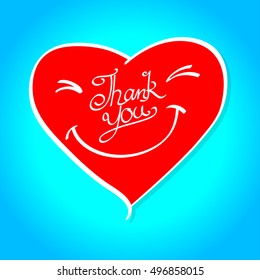 A red smile heart with word Thanks you, Hand drawn lettering vector illustration.