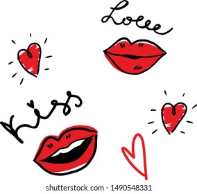 Red smile lips with hearts doodle style picture for design, print, stickers, decoration and etc.