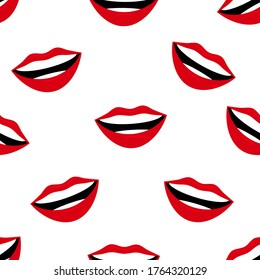 Red smile lips seamless pattern on white background. Woman lips with red lipstick. Smiling mouth with white teeth. Flat design cartoon style vector illustration. Endless texture. Print for web design.