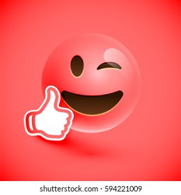 Red smiley emoticon with thumbs up, vector illustration