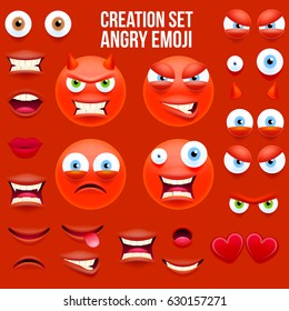 Red Smiley Face Character for Your Scenes Template. Emotion Big Set. Angry Emoji Set. Vector illustration