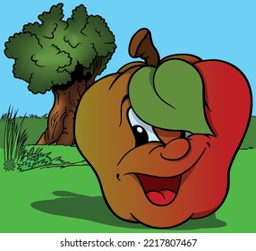 Red Smiling Apple with Leaf over his Eyes - Colored Cartoon Illustration with Background, Vector