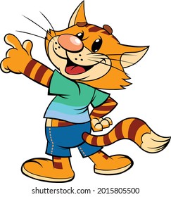 Red smiling cat points his finger.
A vector illustration of a cartoon smiling striped red cat points with his finger.
