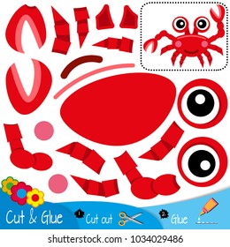 Red smiling crab with a claw raised up.. Education paper game for preshool children. Vector illustration.