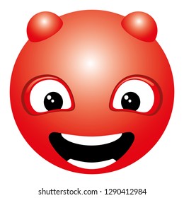Red smiling face with horns icon on white background.