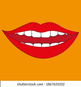 Red smiling female lips vector illustration isolated on a yellow background