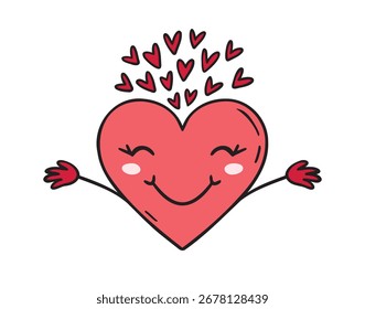 Caráter de coração sorridente vermelho Valentines Day cartão ícone doodle mão desenhado linha desenho clipart símbolo. Ilustração vetorial