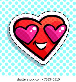 Red smiling heart on dots background. Art design for Valentines Day greetings and card in pop art syle.