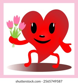 A red smiling heart on legs holds a bouquet of pink tulips in her hand