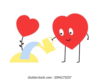 Red smiling heart for romantic Valentines Day design. Care about each other, support, understand, grow love. Be happy together. Vector isolated illustration in flat style. Cute kawaii character.