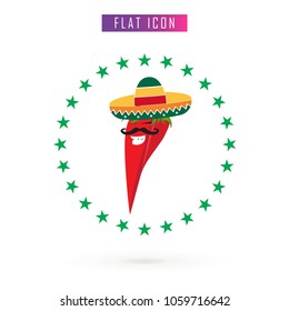 Red smiling joyful cartoon chili Pepper Color Sombrero Vector Icon Spicy Mexican Hot Chili food Vegetable in the ring from green stars and white background