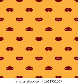 Red Smiling lips icon isolated seamless pattern on brown background. Smile symbol.  Vector Illustration