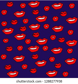 red smiling lips on blue background
