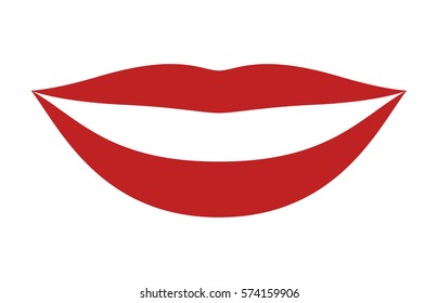 Red smiling lips with white teeth or smile flat vector icon for apps and websites