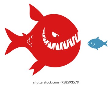 Red smiling predator fish and blue little fish. Inequality and monopoly concept. 