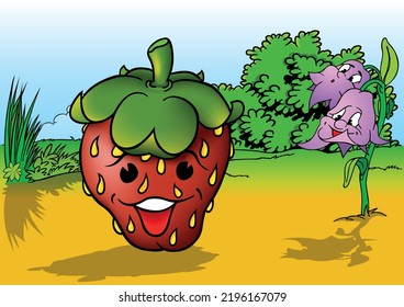 Red Smiling Strawberry with Yellow Seeds and Green Leaves - Colored Cartoon Illustration with Background, Vector