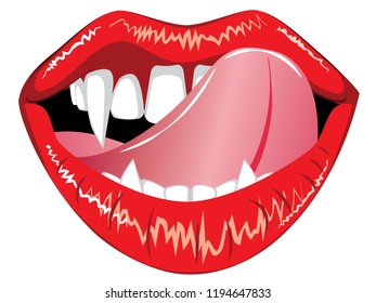 Red smiling vampire lips with fangs on white background.