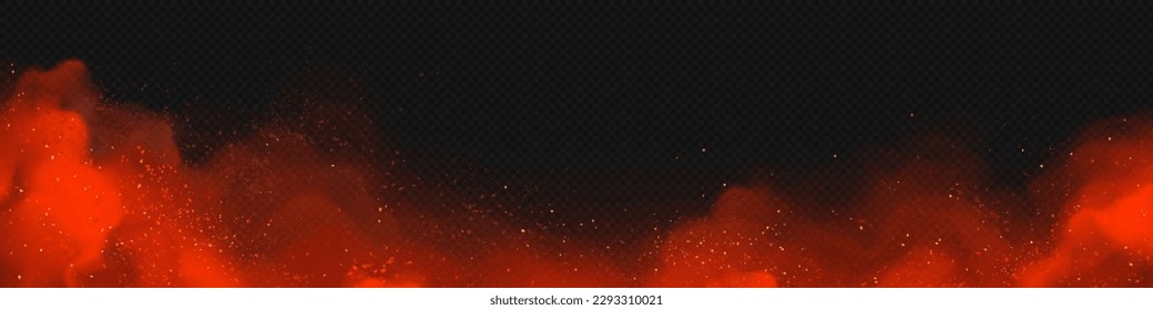 Red smoke cloud effect vector background. Realistic fire fog spark with light and powder illustration. Flying particles glow in hell smog texture overlay illustration. Inferno magic power steam wave