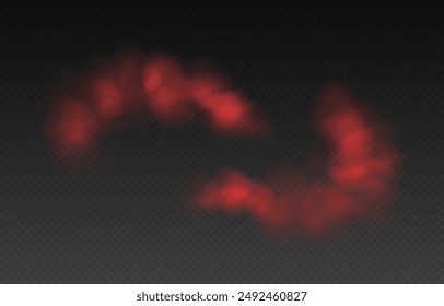 Red smoke, colorful fog, realistic smog, haze, mist or cloudiness effect isolated on transparent background. Colored powder, holi celebration concept. Vector illustration.