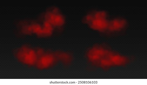 Red smoke, colorful fog, realistic smog, haze, mist or cloudiness effect isolated on transparent background. Colored powder, holi celebration concept. Vector illustration.