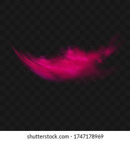 Red smoke or fog color isolated on transparent dark background. Abstract pink powder explosion with particles. Colorful dust cloud explode, paint holi, mist smog effect. Realistic vector illustration