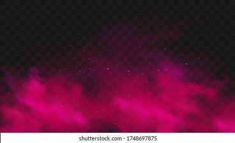 Red smoke or fog color isolated on transparent dark background. Abstract red powder explosion with particles. Colorful dust cloud explode, paint holi, mist smog effect. Realistic vector illustration