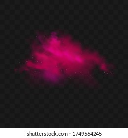 Red smoke or fog color isolated on transparent dark background. Abstract pink powder explosion with particles. Colorful dust cloud explode, paint holi, mist smog effect. Realistic vector illustration