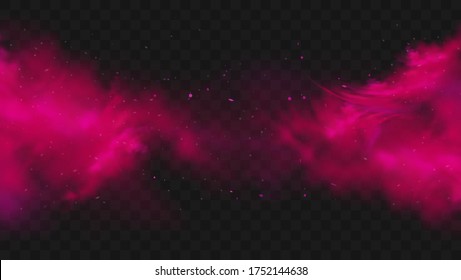 Red smoke or fog color isolated on transparent dark background. Abstract pink powder explosion with particles. Colorful dust cloud explode, paint holi, mist smog effect. Realistic vector illustration.