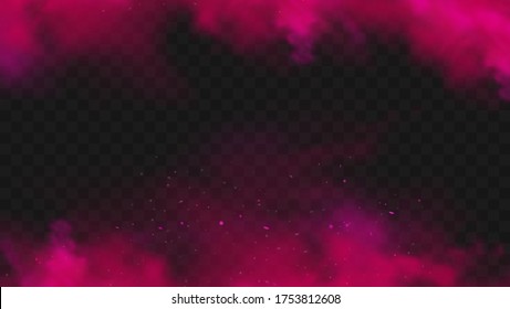 Red smoke or fog color isolated on transparent dark background. Abstract pink powder explosion with particles. Colorful dust cloud explode, paint holi, mist smog effect. Realistic vector illustration.