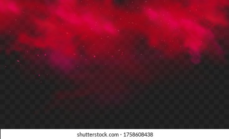 Red smoke or fog color isolated on transparent dark background. Abstract red powder explosion with particles. Colorful dust cloud explode, holi paint, mist or smog effect. Realistic vector illustration