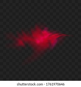 Red smoke or fog color isolated on transparent dark background. Abstract red powder explosion with particles. Colorful dust cloud explode, paint holi, mist smog effect. Realistic vector illustration.